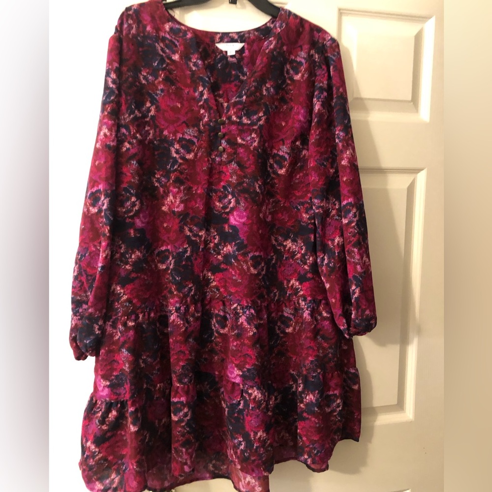 Time and Tru Magenta Floral Tiered Long-Sleeve Dress